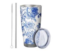 Set di 1 bicchieri con motivo floreale blu dipinto a mano in stile rustico, bellissimo fiore bianco e blu, in acciaio inox, infrangibile, per viaggi, piscina, ufficio, con coperchio, 591 ml