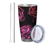 Set di 1 bicchieri con rose moderne linee floreali, estetica, artistica, botanica, bellissimo metallo rosa, nero, isotermico, riutilizzabile, senza fuoriuscita, infrangibile, per cortile, picnic