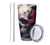 Set di 1 bicchieri con teschio di rosa neutro, con teschio e piante, fiori, foglie, bel rivestimento in polvere grigio rosso caldo e freddo, senza fuoriuscite per scuola, università,