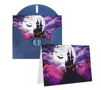 Set di 1 biglietto di ringraziamento con buste, castello di Halloween cielo viola, 10 x 15 cm, biglietto di auguri per note personalizzate, biglietti formali per tutte le occasioni, adatti per piccole