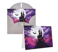 Set di 1 biglietto di ringraziamento con buste, castello di Halloween, cielo viola, 10 x 15 cm, biglietto di auguri per note personalizzate, biglietti formali per tutte le occasioni, adatti per