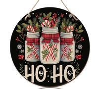 Set di 1 cartello di benvenuto con bastoncino di zucchero, per porta d'ingresso, per Natale, festivo, barattolo di vetro con agrifoglio, in legno rosso, per portico anteriore, portico, decorazioni per