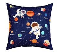 Set di 1 federa per cuscino con sistema solare, 45,7 x 45,7 cm, morbida decorazione per lo spazio esterno, per bambini, universo, pianeti, simpatiche federe per cuscini blu con astronauta, decorazione