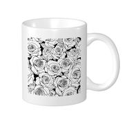 Set di 1 tazza con motivo rosa astratto moderno linee geometriche fiori artistici belli in ceramica bianca e nera non rovesciabile riutilizzabile per casa, ufficio, laboratorio,