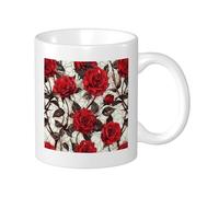 Set di 1 tazza con stampa di rose, bohémien, botanico, artistico, astratto, fiori, graziose foglie rosse e bianche, in ceramica, non versabili, riutilizzabili, per casa, ufficio, laboratorio, cucina