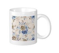 Set di 1 tazza con stampa floreale blu vintage estetica fiori foglie piante fare vecchia fattoria cottage beige blu ceramica peso leggero collezione camera da letto esterno ufficio fondo piatto con