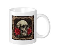 Set di 1 tazza con stampa rosa, design vintage, motivo floreale artistico, foglie di cranio, marrone e rosso, in ceramica, riutilizzabile, per ufficio, dispensa, biblioteca, tazza da caffè