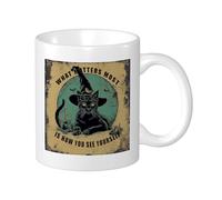 Set di 1 tazza con stampa strega retrò cappello magico simpatico gatto divertente pipistrello albero spettrale legno verde giallo ceramica tè macerazione leggera dispensa Apaartment soggiorno fondo