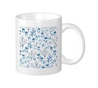 Set di 1 tazza da tè con motivo floreale blu e bianco, motivo albero, bella fiori e foglie botaniche, in ceramica blu e bianca, decorazione leggera, per esterni, scuola, campeggio, camera da letto