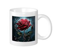 Set di 1 tazza stampata rosa, estetica, design artistico botanico, foglie floreali, rosso chiaro, verde, ceramica, riutilizzabile, per infusione di tè, biblioteca, soggiorno, cucina, cucina, soggiorno