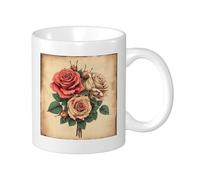 Set di 1 tazza stampata rosa retrò artistico belle foglie botaniche fiori rustici giallo rosso verde ceramica regalo collezione di immersione ufficio palestra ufficio campeggio con maniglie fondo