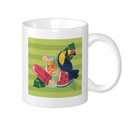 Set di 1 tazza stampata tropicale con fondo a righe in vetro, carino, divertente, uccelli, animali, frutta, foglie, verde chiaro, rosa, ceramica, tè infuso, peso leggero, dispensa, apaartment a fondo
