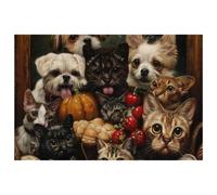 Set di 1 tovaglietta con gatti e cani che mangiano frutta insieme, per tavolo da pranzo, lavabili, antiscivolo, per Natale, vacanze, feste di compleanno
