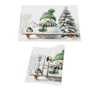Set di 1 tovaglietta in vinile con pupazzo di neve e albero di Natale verde innevato, per tavoli da pranzo, tovagliette da cucina, resistenti al calore, lavabili, in PVC