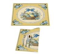 Set di 1 tovaglietta in vinile giallo retrò con uova con cestino pasquale, motivo floreale blu, per tavoli da pranzo, da cucina, resistenti al calore, lavabili, in PVC