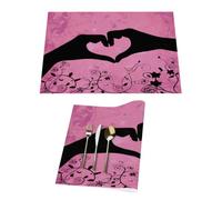 Set di 1 tovaglietta in vinile rosa con mani che formano un cuore di San Valentino per tavoli da pranzo, tovagliette da cucina, resistenti al calore, lavabili, in PVC
