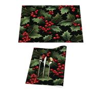 Set di 1 tovaglietta natalizia in vinile con foglie di frutti di bosco, per tavoli da pranzo, da cucina, resistenti al calore, lavabili, in PVC