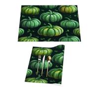 Set di 1 tovagliette in vinile nero con zucca verde del Ringraziamento per tavoli da pranzo, tovagliette da cucina, resistenti al calore, lavabili, in PVC