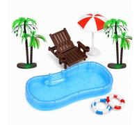 Set di 10 accessori da spiaggia in miniatura, gnomo con piscina, sedia da spiaggia, ombrellone, salvagenti e alberi di cocco, accessori in miniatura per la decorazione della casa delle bambole