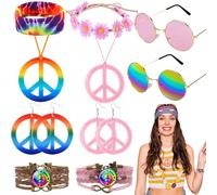 Set di 10 accessori per costume anni '60 anni '70, costume hippie, set di accessori per costume da hippie, con fascia per occhiali da sole, segno di pace, collana, orecchini, bracciale per uomo
