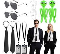 Set di 10 accessori per costume da agente, kit per travestimento da agente segreto, con porta documenti, cravatte nere, occhiali da sole, auricolari gonfiabili, alieni verdi, per donne, uomini