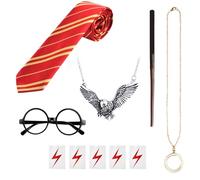 Set di 10 accessori per costume da mago con bacchetta magica, cravatta a righe, occhiali con montatura rotonda, collana da mago, tatuaggio temporaneo per cosplay, travestimento di Halloween