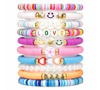 Set di 10 braccialetti dell'amicizia per ragazze con lettere e perline | Il set include perline a forma di lettera in stile preppy. Elastico elastico, comodo da indossare, ideale per regali o