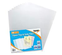 Set di 10 buste portadocumenti in plastica formato A3, con apertura sul lato superiore e laterale, trasparenti