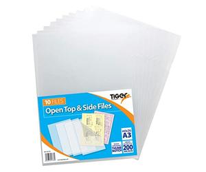 Set di 10 buste portadocumenti in plastica formato A3, con apertura sul lato superiore e laterale, trasparenti