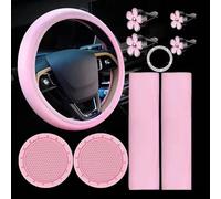 Set di 10 coprivolanti da donna con cuscinetti per cinture di sicurezza, portabicchieri e adesivo con strass, compatibile con ruote di diametro da 14,5 a 15,5 pollici (rosa)