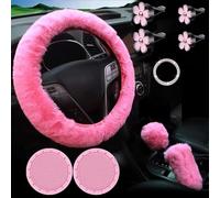 Set di 10 coprivolanti pelosi in finta lana con portabicchieri e copertura per specchio, per donne, presa comoda, universale, colore nero (rosa)