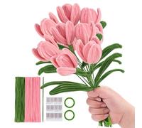 Set di 10 fiori rosa tulip pipe cleaner fai da te in ciniglia floreale con tutorial video passo-passo, kit di scultura in filo per decorazione domestica, accessori per fiori fai da te