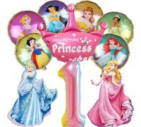 Set di 10 palloncini a tema principessa per compleanno, include immagini classiche di principesse come Belle. Il set comprende anche un palloncino corona rosa "Buon Compleanno Principessa" e un pallon