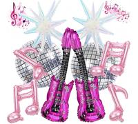 Set di 10 palloncini in alluminio per feste musicali, per feste Kpop, palloncini per chitarra, palla da discoteca, note musicali rosa e stella esplosiva iridescente per K Pop, neon rock, pop danza