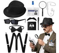 Set di 10 pezzi per costume da detective, kit di accessori da detective con cappello Fedora, baffi finti, papillon, bretelle, auricolari, occhiali da sole, carta d'identità, lente d'ingrandimento