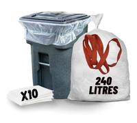Set di 10 sacchetti per rifiuti trasparenti da 240 l, con fodera per contenitore a 2 ruote + cinghia di fissaggio, anti sporco, anti odore, resistente, anti perdite, standard CE, REACH, RSGP