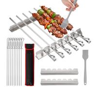 Set di 10 spiedini per barbecue in acciaio inox, telaio per barbecue, spazzola per barbecue, con custodia in nylon, per carne, verdure e accessori per barbecue vegani all'aperto e in giardino