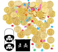 Set di 100 monete d'oro dei pirati, con 50 monete d'oro, 50 gemme, 2 tasche portaoggetti, 2 alette per gli occhi dei pirati, set di gemme multicolori, monete d'oro dei pirati per bambini