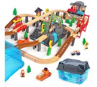 Set di 100 pezzi di ferrovia in legno e treni Set di base per principianti di ferrovie Compatibile con Thomas Adatto per set di treni Eichhorn Giocattolo per bambini in età prescolare Età consigliata