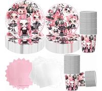 Set di 100 pezzi di stoviglie decorative per Halloween, per 25 ospiti, accessori per feste di compleanno, piatti di carta rosa con bicchieri tovaglioli
