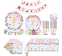 Set di 102 stoviglie per feste di compleanno per bambini, 20 ospiti, fata, decorazione per il compleanno dei bambini, motivo a farfalla, riutilizzabili, cannucce, tovaglioli, tovaglioli, tovaglia,
