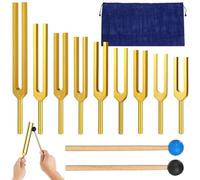 Set di 11 forcelle in lega di alluminio Solfeggio, 9 forcelle dorate con 2 mazzuole, include custodia blu con divisori, gamma di frequenza da 174 Hz a 963 Hz, ideale per la guarigione del suono e la