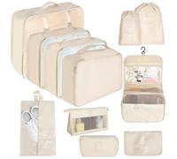 Set di 11 Organizzazione Bagagli, Packing Cubes, con Cubi Impermeabili e Tasche per Vestiti, Organizer da Viaggio con Borsa per Cosmetici, Borsa per Scarpe e Borsa per Cavi (Beige)