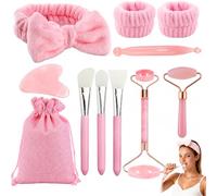 Set di 11 strumenti per il viso Gua Sha con rullo di giada, pietra di Gua Sha, pennelli per maschera viso, penna per massaggio agopunto, fascia da polso e borsa per la conservazione per la cura della