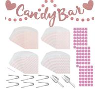 Set di 113 accessori per feste, accessori per candy bar, sacchetti per candy bar, contiene 100 sacchetto, 3 fogli adesivi, 2 ghirlande decorative, 6 pinze per zucchero, 2 porzionatori, per compleanno