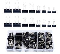 Set di 115 Mollette Pieghevoli nere da 15 mm/19 mm/25 mm/32 mm in Scatola, Doppio FoldBack Binder Clips in Metallo, Graffette Multiuso per Cancelleria, Carta e Documenti (Nero)