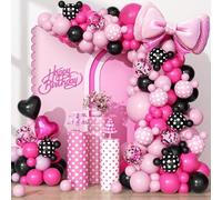 Set di 117 pezzi per arco di palloncini a tema topo, include palloncini in foil a forma di cuore e palloncini in lattice nei colori rosa acceso, rosa, nero e a pois. Perfetto per feste di compleanno, 