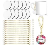 Set di 12 accessori per ciondoli a sublimazione, decorazioni da appendere per tazza con nome e nome, bicchiere, bicchiere, bicchiere, tazza, in MDF, rotondi, su un lato, con catene e anellini aperti
