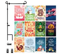 Set di 12 bandiere da giardino stagionali bifacciali da 12x18 pollici per esterni con supporto e supporto | Bandiere da giardino in lino spesso r