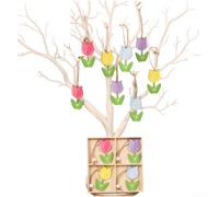 Set di 12 ciondoli a forma di tulipani in legno, design a quattro griglie, da appendere alla parete, in compensato, decorazione floreale per casa, giardino, interni ed esterni, 13,8 x 13,8 x 1,8 cm